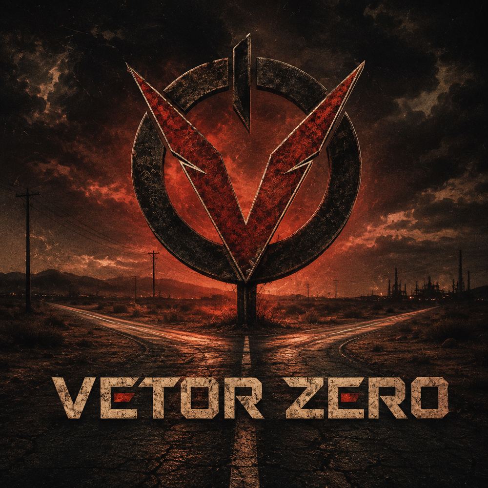 Capa do álbum Vetor Zero: o logo da banda erguido sobre uma encruzilhada no deserto, sob um céu vermelho.
