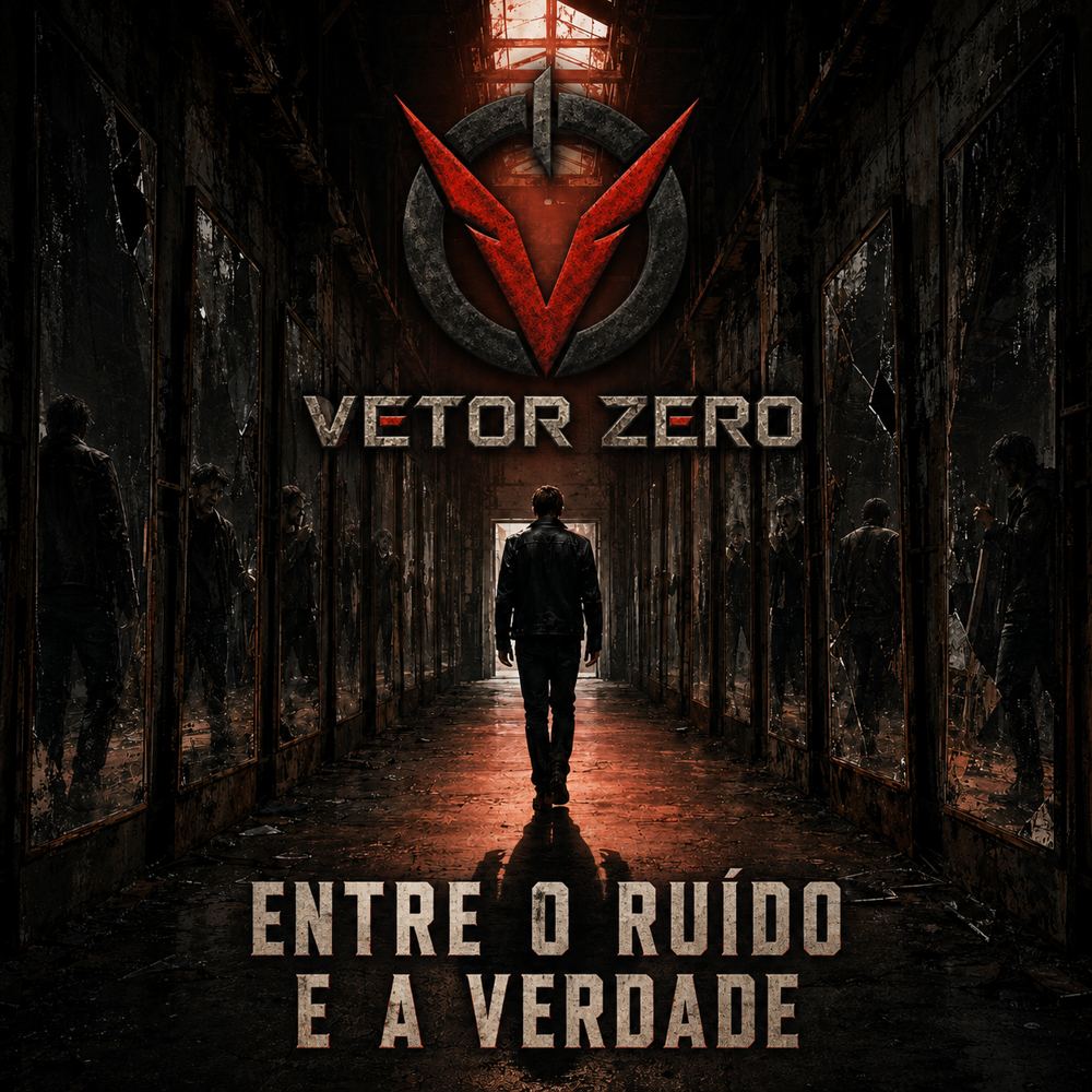 Arte Entre o ruído e a verdade: um homem caminha por um corredor escuro de espelhos quebrados em direção a uma porta iluminada.